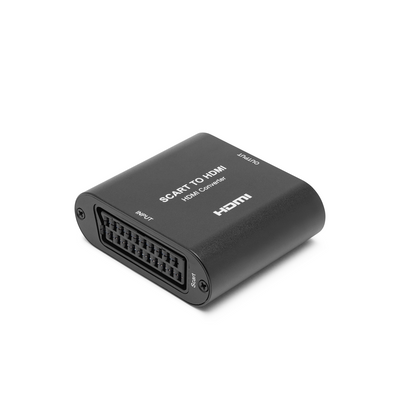 Luxorparts Scart til HDMI-konverter med mærkede indgangs-/udgangsporte og analog-til-digital konvertering.