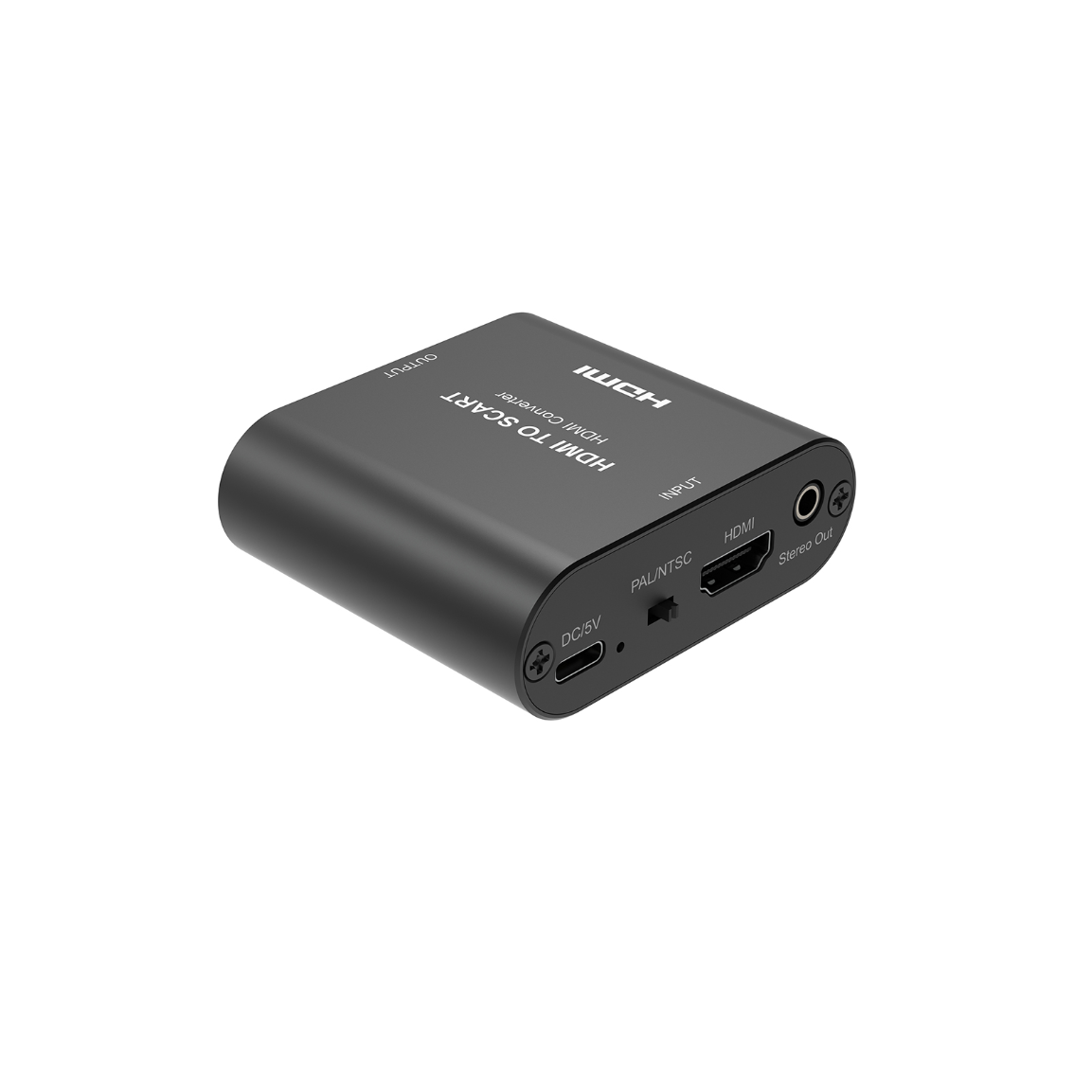 Luxorparts HDMI til Scart Converter sort, HDMI indgang, stereo lydudgang, PAL/NTSC-knap, USB-C 5V strømport.