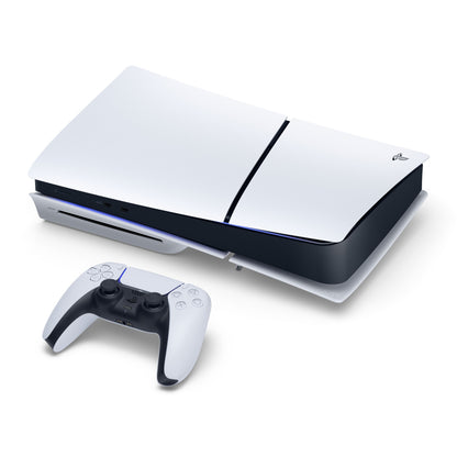 PlayStation 5 Slim Standard Edition 1TB SSD fladt med trådløs controller, hvid model.