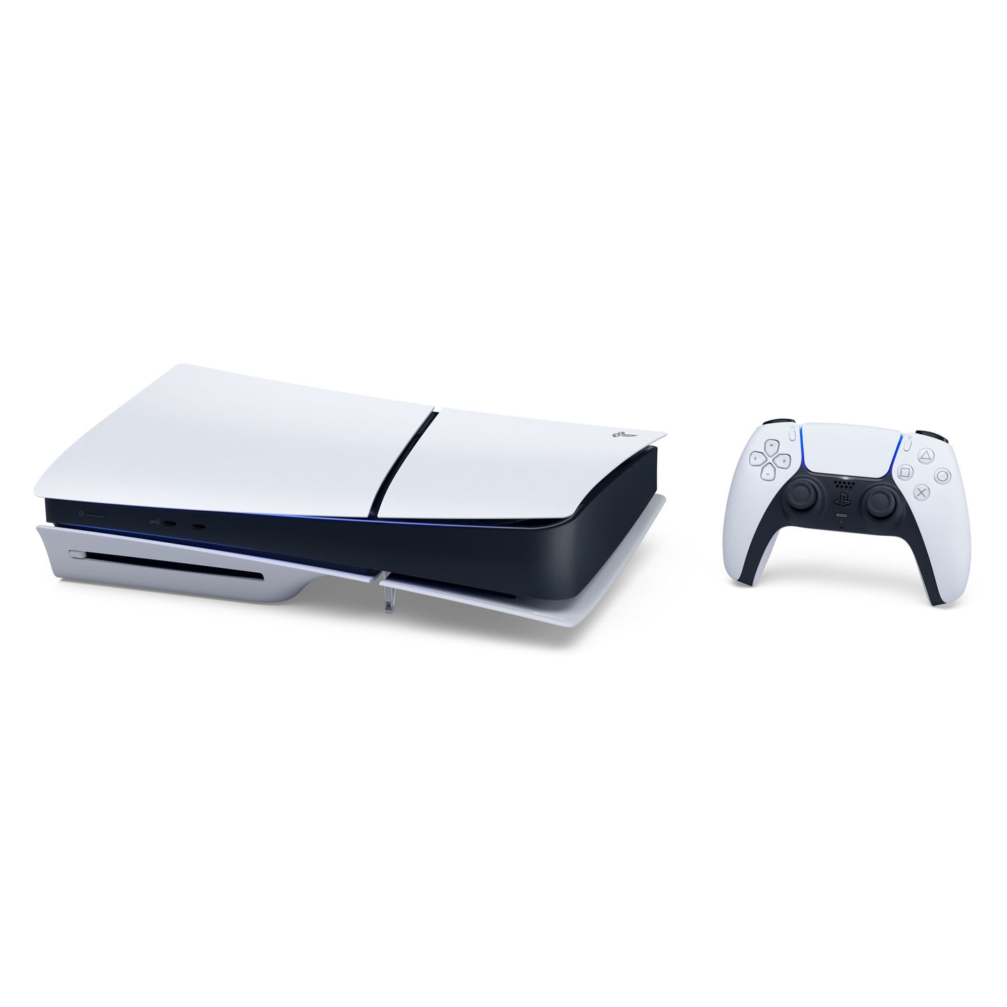 Sony PlayStation 5 Slim Standard Edition 1TB SSD hvid/sort med tilhørende trådløs controller.