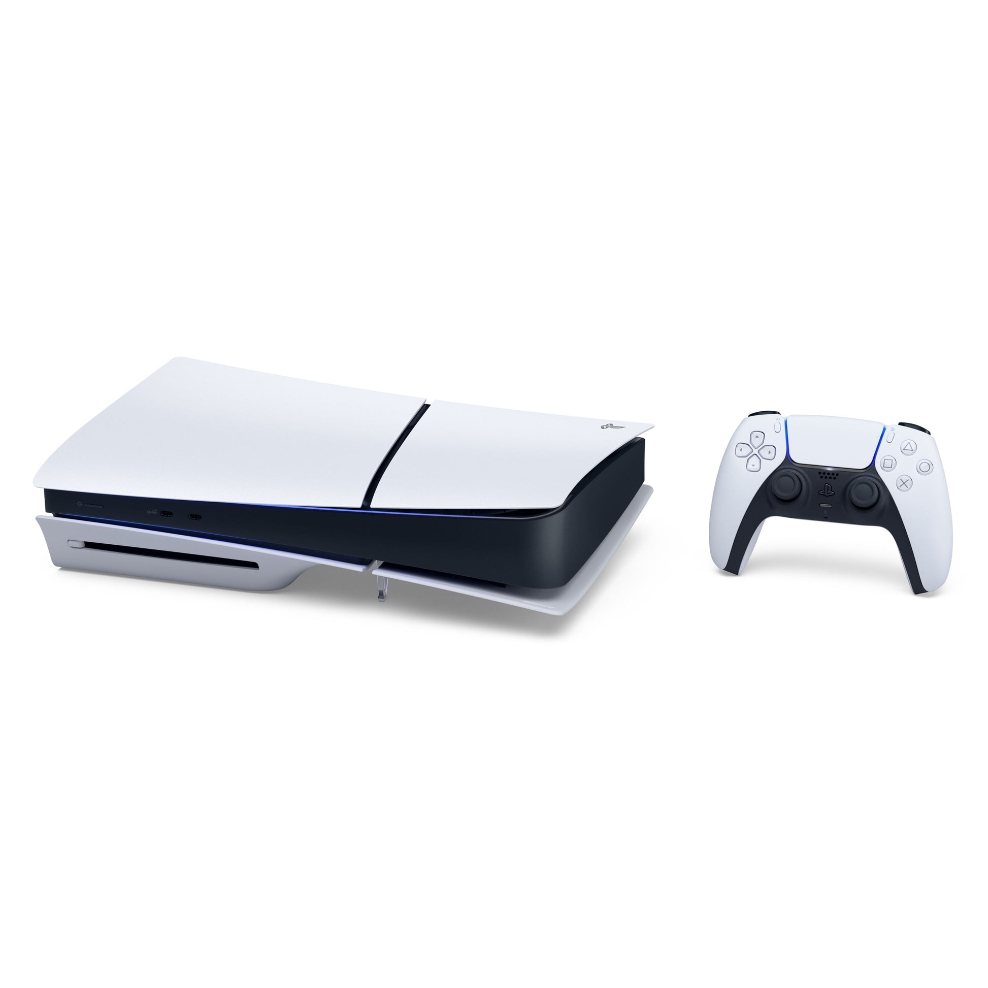 Sony PlayStation 5 Slim Standard Edition 1TB SSD hvid/sort med tilhørende trådløs controller.