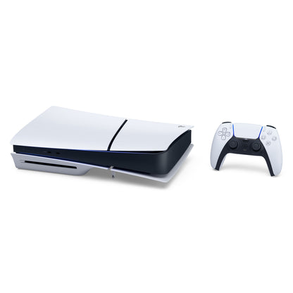 Sony PlayStation 5 Slim Standard Edition 1TB SSD hvid/sort med tilhørende trådløs controller.