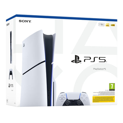 PlayStation 5 Slim Standard Edition 1TB SSD æske med PS5 og controller, PS5-logo, 4K gaming, HDR, PEGI 7-mærkning.