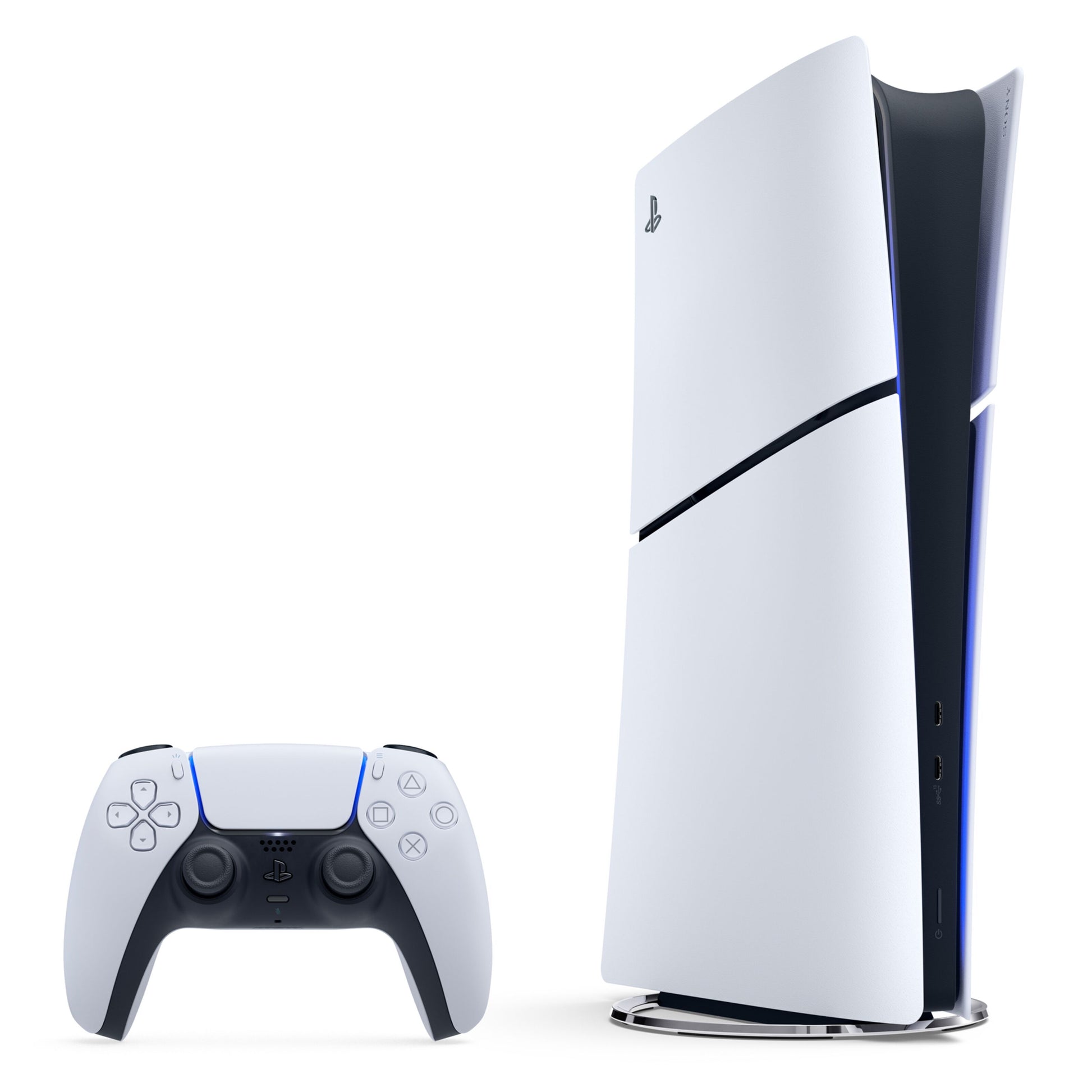 PlayStation 5 Slim Digital Edition 825 GB stående med hvid/blå controller, sort midte, hvide paneler.