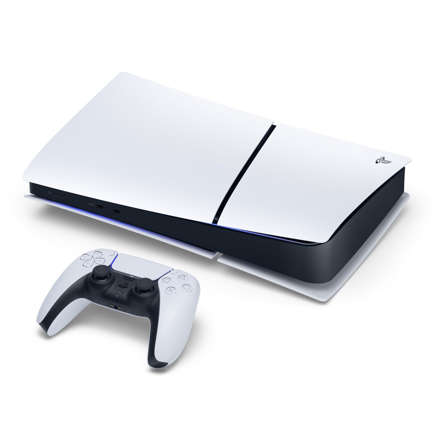 PlayStation 5 Slim Digital Edition 825 GB SSD med DualSense controller, blå accentlys, sort-hvid design.