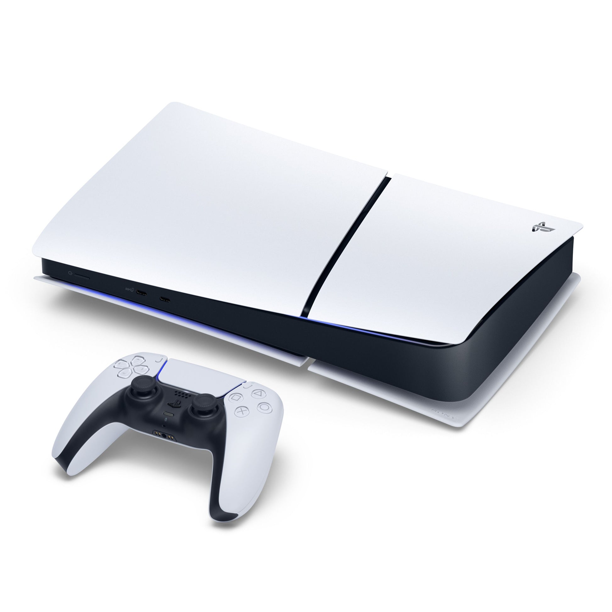 PlayStation 5 Slim Digital Edition 825 GB SSD med DualSense controller, blå accentlys, sort-hvid design.