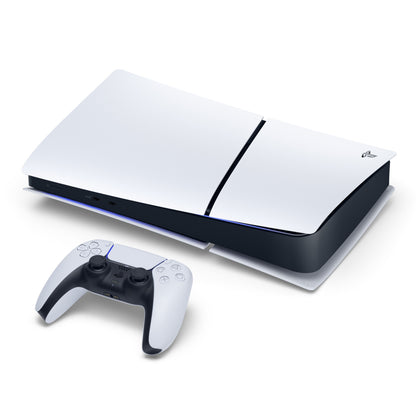 PlayStation 5 Slim Digital Edition 825 GB SSD med DualSense controller, blå accentlys, sort-hvid design.