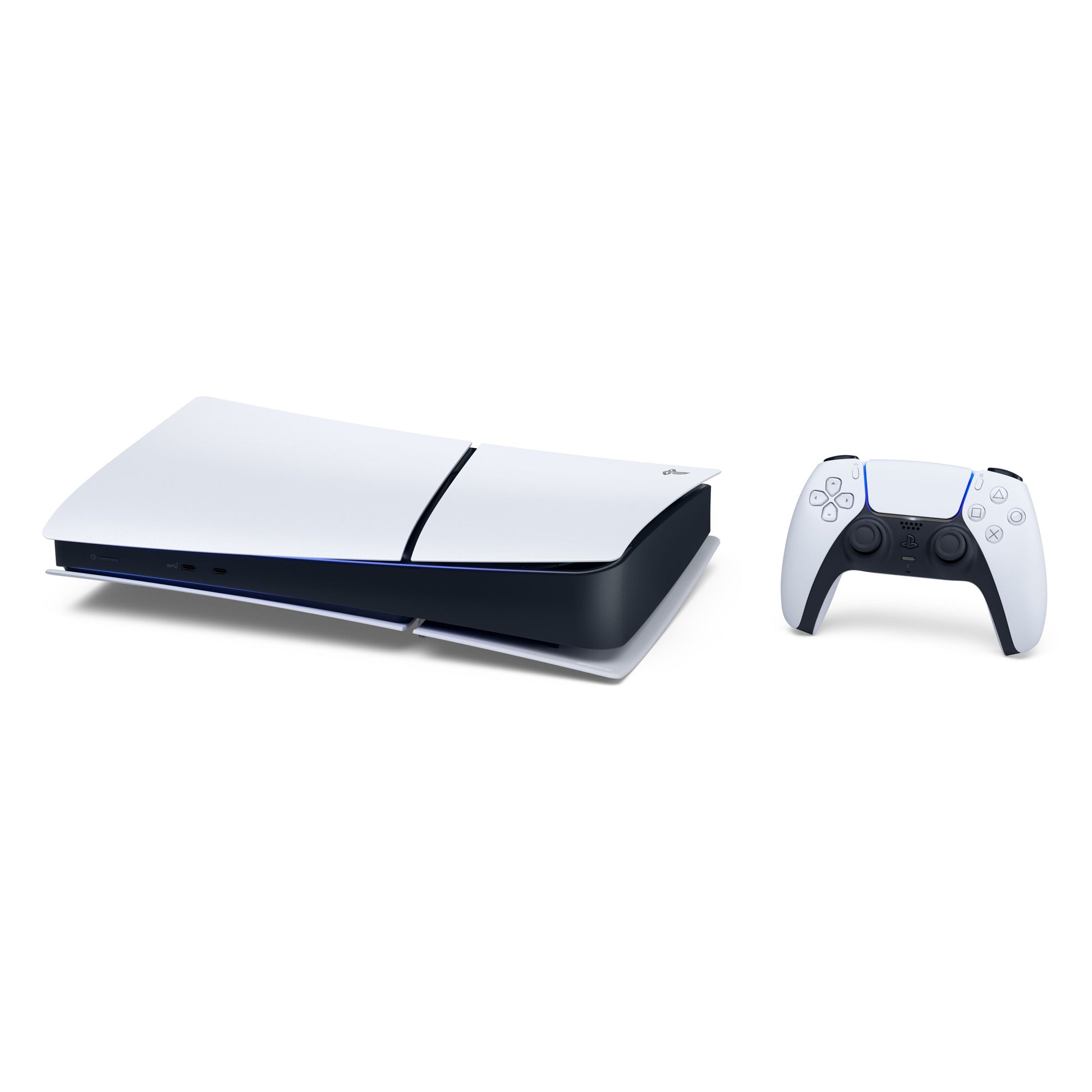 PlayStation 5 Slim Digital Edition 825GB hvid/sort ved siden af trådløs controller.