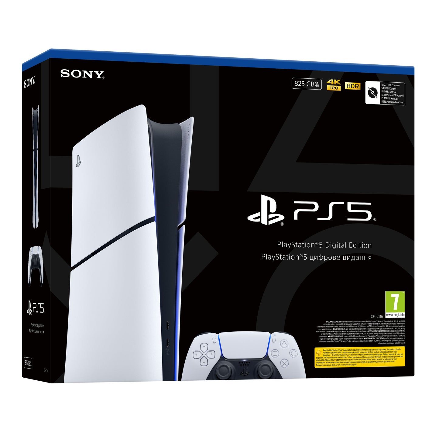 PlayStation 5 Slim Digital Edition 825 GB med controller, 4K og HDR logoer på sort æske.