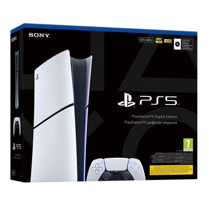 PlayStation 5 Slim Digital Edition 825 GB med controller, 4K og HDR logoer på sort æske.