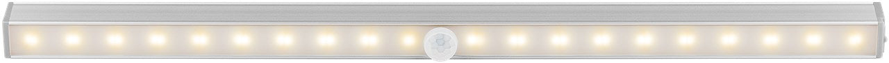 LED underkabinetlampe med bevægelsessensor, rektangulær metal, rund sensor i midten, varmhvid lys.