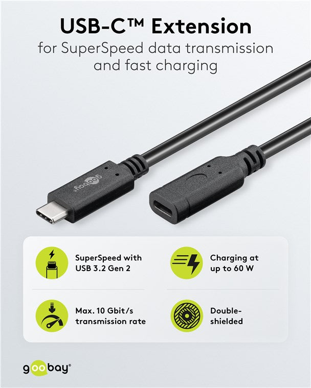 Goobay USB-C forlængerkabel 1m sort, USB 3.2 Gen 2, op til 60W opladning, 10 Gbit/s, dobbelt afskærmning, Goobay-logo.
