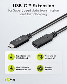 Goobay USB-C forlængerkabel 1m sort, USB 3.2 Gen 2, op til 60W opladning, 10 Gbit/s, dobbelt afskærmning, Goobay-logo.