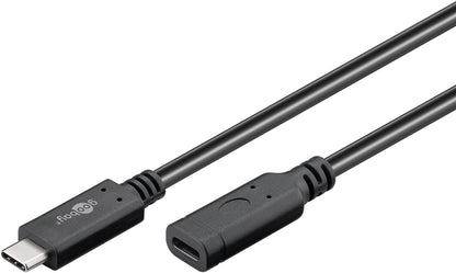 USB-C forlængerkabel 1 m sort med han USB-C stik og hun USB-C port.