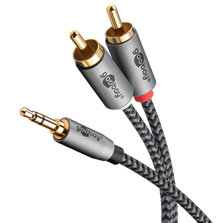 Goobay AUX 3,5mm jack til stereo RCA kabel 0,5m med flettet kabel, 3,5mm jack og to farvede RCA hanstik.