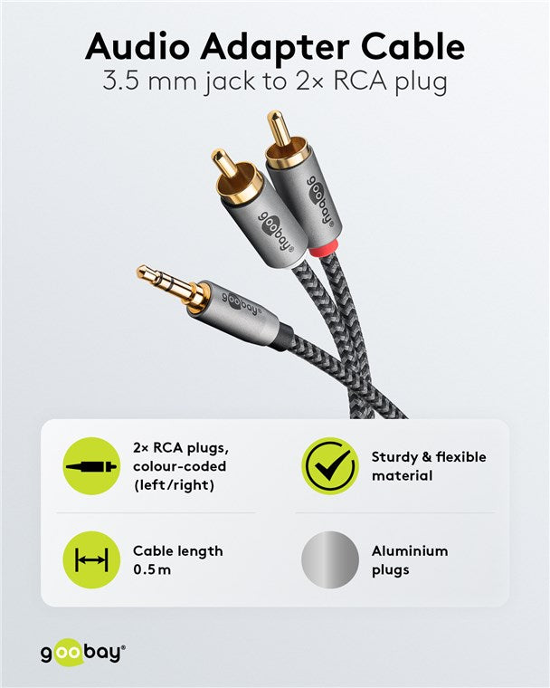Goobay AUX 3,5mm jack til stereo RCA kabel 0,5m med rød/hvid farvekodede stik og aluminiumsstik.
