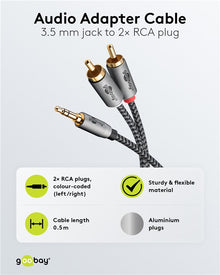 Goobay AUX 3,5mm jack til stereo RCA kabel 0,5m med rød/hvid farvekodede stik og aluminiumsstik.