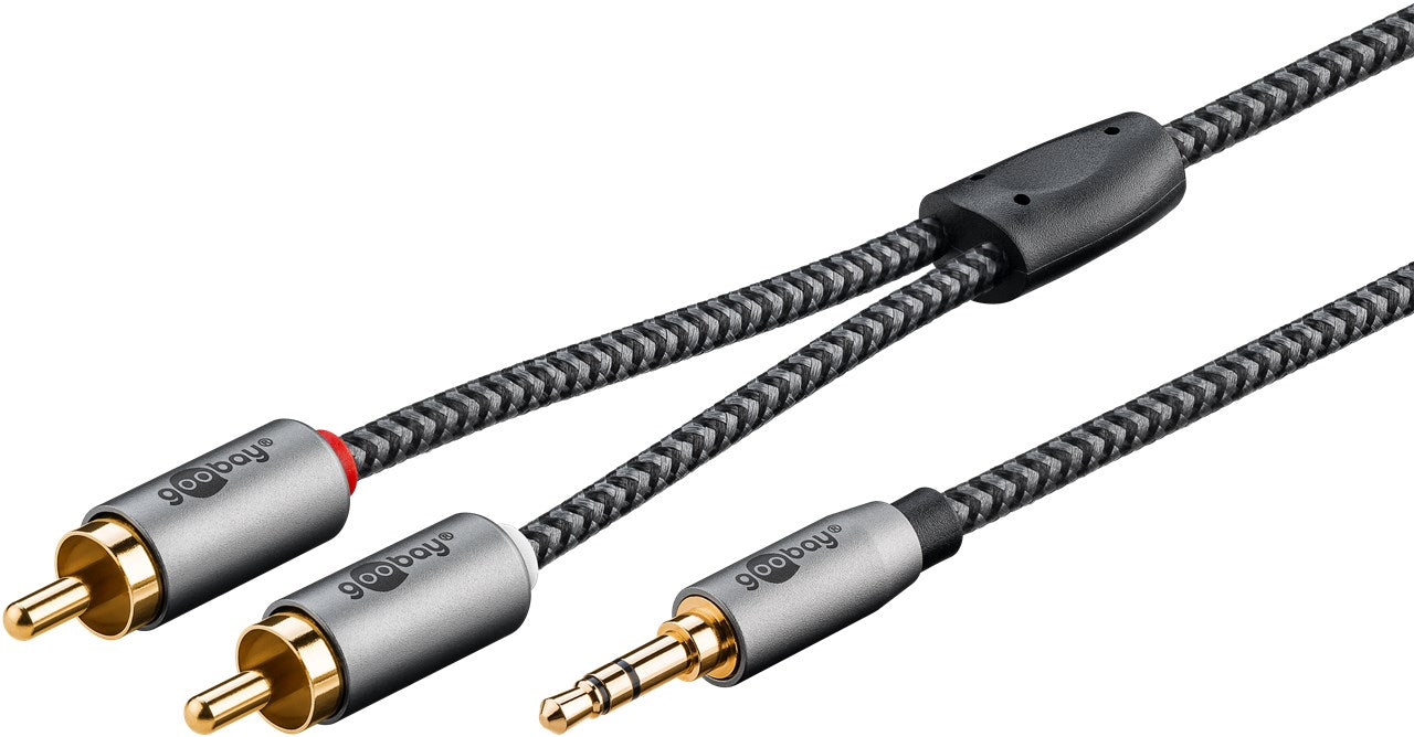 AUX 3,5mm han til stereo RCA han (rød/hvid) kabel 0,5m, flettet sort design, også kaldet mini jack til RCA.