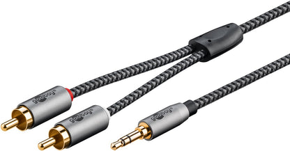 AUX 3,5mm han til stereo RCA han (rød/hvid) kabel 0,5m, flettet sort design, også kaldet mini jack til RCA.
