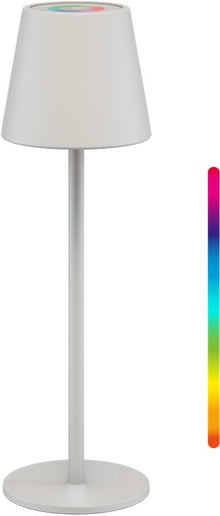 Goobay trådløs LED-bordlampe RGBW hvid med rund fod og kegleformet skærm, vist ved farvespektrum fra rød til lilla.