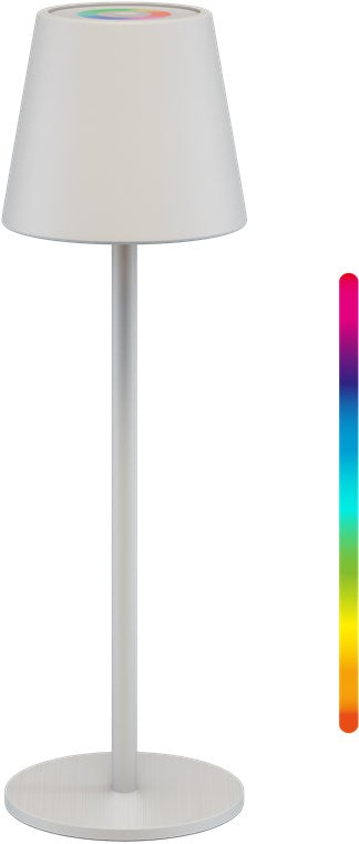 Goobay trådløs LED-bordlampe RGBW hvid med rund fod og kegleformet skærm, vist ved farvespektrum fra rød til lilla.