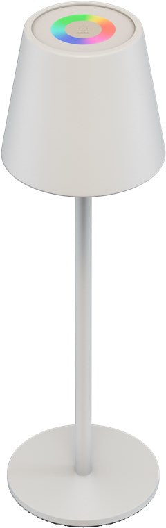 Goobay trådløs LED-bordlampe RGBW hvid med rund base, kegleformet skærm og touchpanel med farvehjul.