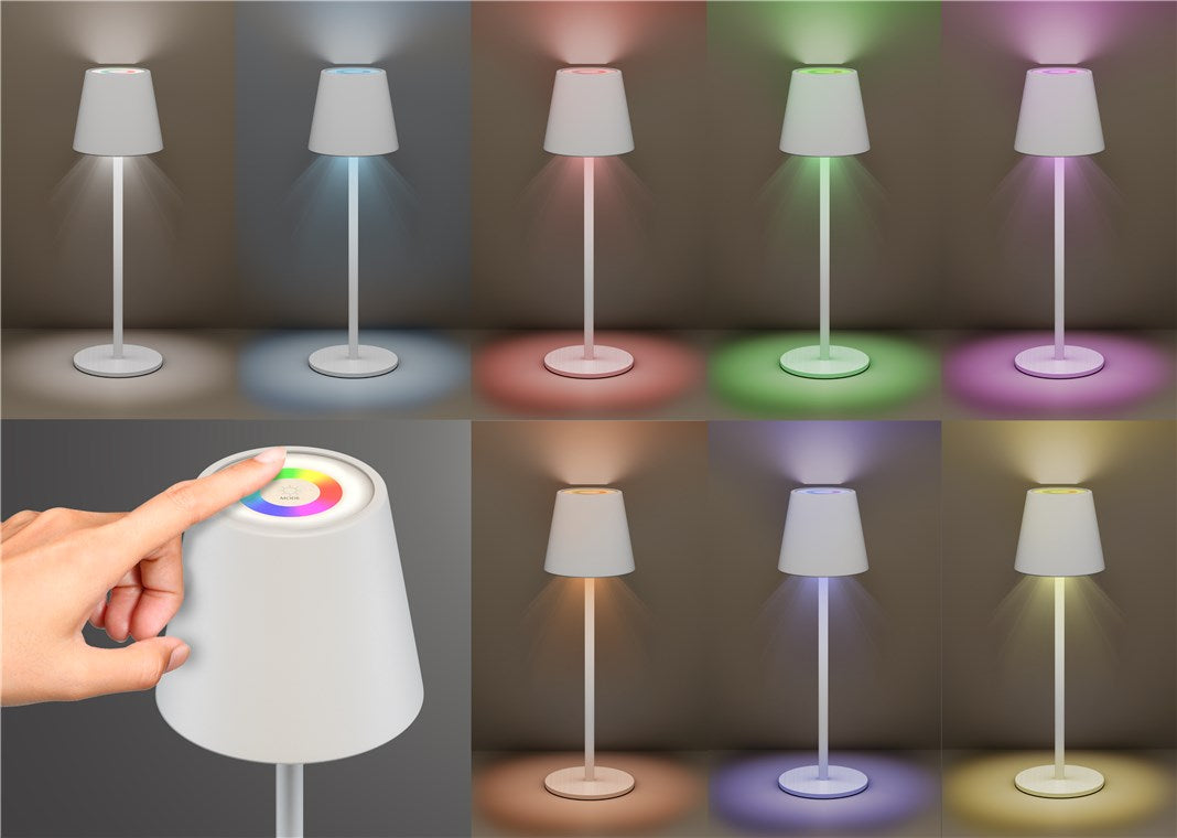 Goobay trådløs LED-bordlampe RGBW hvid med farvehjul på toppen, viser ni farver inkl. blå, rød, grøn, gul, lilla.