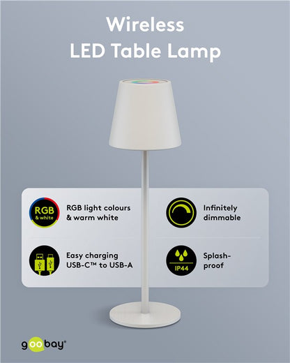 Goobay LED-bordlampe RGBW hvid med konisk skærm, trådløs belysning, dæmpning, USB-C til USB-A opladning, Goobay-logo nederst.