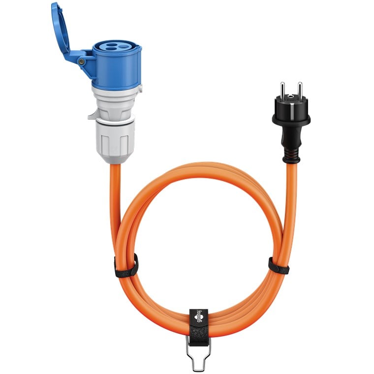 CEE-adapterkabel 5m med blå CEE-stik og sort stikprop type F, fastgjort med rem.