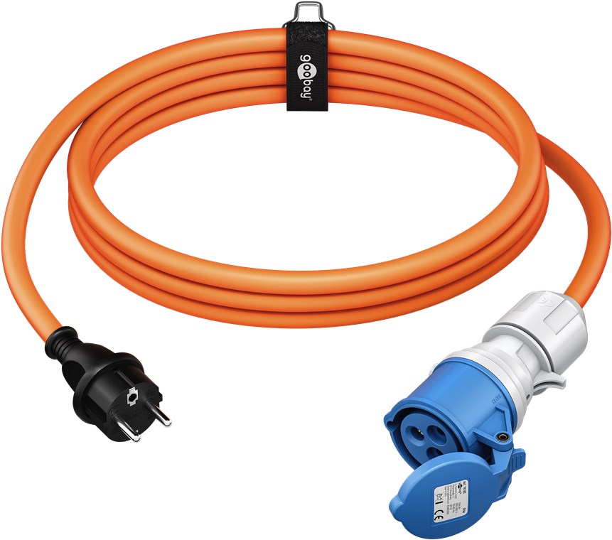 Goobay CEE-adapterkabel 5m, orange spiralkabel med sort EU-stik og blå/hvid CEE-adapter, Type F sikkerhedsprop.