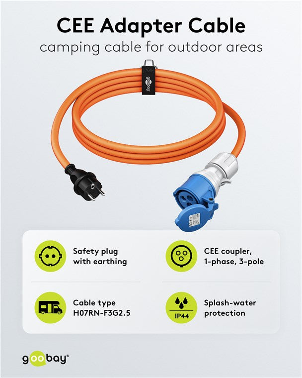 Goobay CEE-adapterkabel 5m, CEE-kobling til sikkerhedsprop Type F, jord, 1-fase 3-polet H07RN-F3G2.5, IP44.