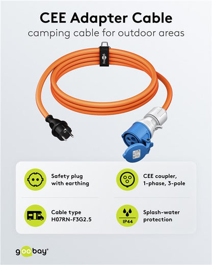 Goobay CEE-adapterkabel 5m, CEE-kobling til sikkerhedsprop Type F, jord, 1-fase 3-polet H07RN-F3G2.5, IP44.