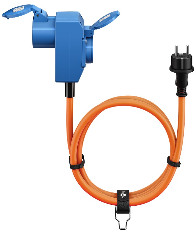 Goobay CEE-adapterkabel 1,5m forlængerledning med Type F sikkerhedsprop, 90° CEE-kobling og sikkerhedskobling.