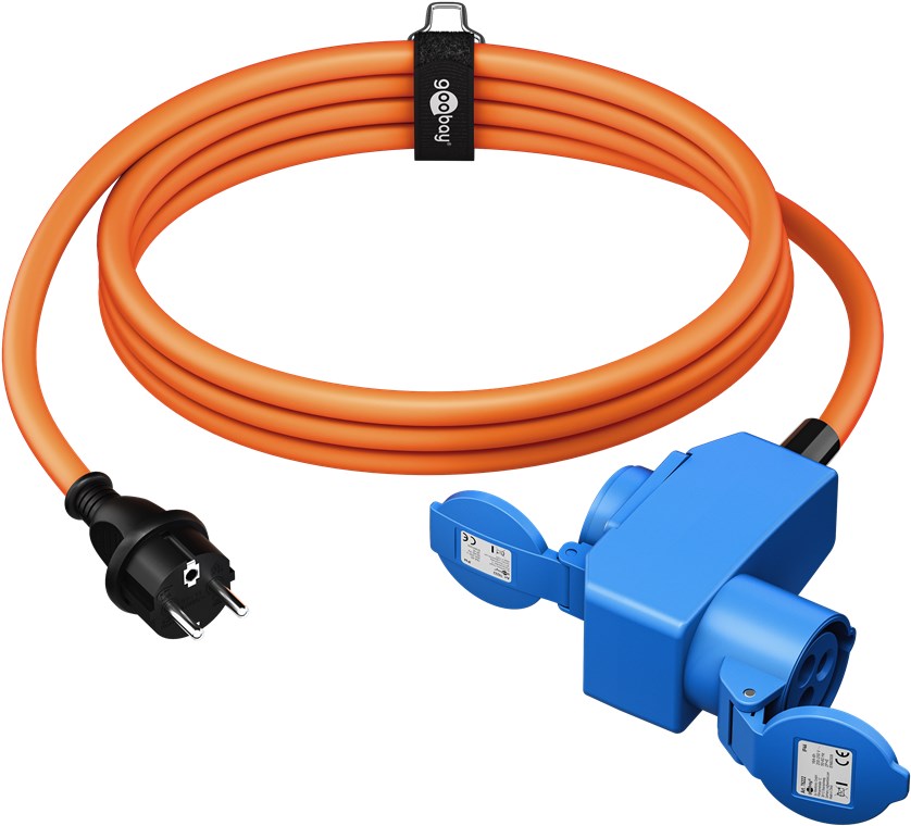 Goobay CEE-adapterkabel 1,5m med type F sikkerhedsstik, 90° CEE kobling og sikkerhedsstikdåse, sort mærkat.