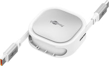 Goobay selvoprullende USB-C-kabel 1 m hvid/sølv udtrukket med begge USB-C-stik synlige.