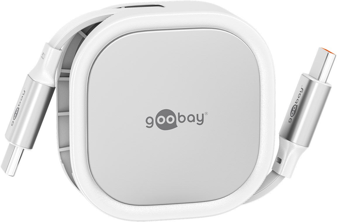 Goobay selvoprullende USB-C kabel 1 m hvid/sølv, USB-C han til han, understøtter opladning/data i Goobay-etui med logo.