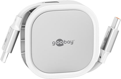 Goobay selvoprullende USB-C kabel 1 m hvid/sølv, USB-C han til han, understøtter opladning/data i Goobay-etui med logo.