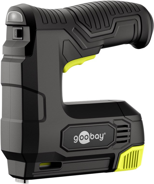 Goobay 2-i-1 trådløs elektrisk hæftepistol-sæt sort/gul ergonomisk design til fastgørelse.
