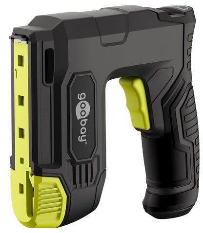 Goobay 2-i-1 trådløs elektrisk hæftepistol-sæt, sort/gul, struktureret greb og udløser, Goobay-logo på siden.