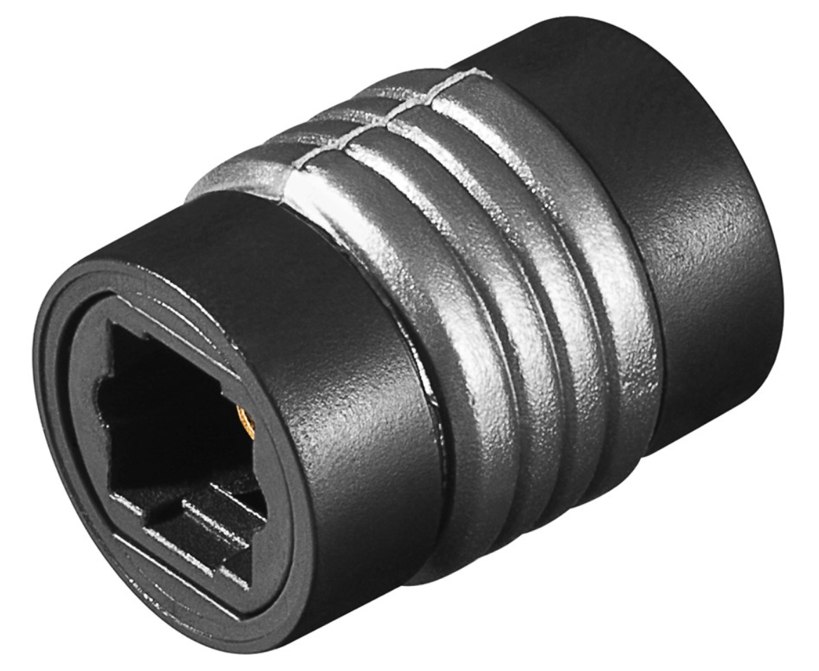 Goobay TOSLINK hun til hun adapter og sort/sølv RJ45 Ethernet coupler med rillet metal, til sammenkobling af kabler.