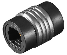 Goobay TOSLINK hun til hun adapter og sort/sølv RJ45 Ethernet coupler med rillet metal, til sammenkobling af kabler.