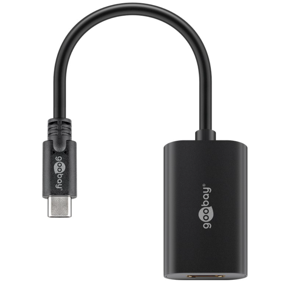 USB-C til HDMI-adapter 0,2 m sort med kort fleksibelt kabel, USB-C stik og HDMI-port.