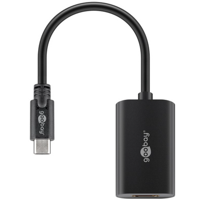 USB-C til HDMI-adapter 0,2 m sort med kort fleksibelt kabel, USB-C stik og HDMI-port.