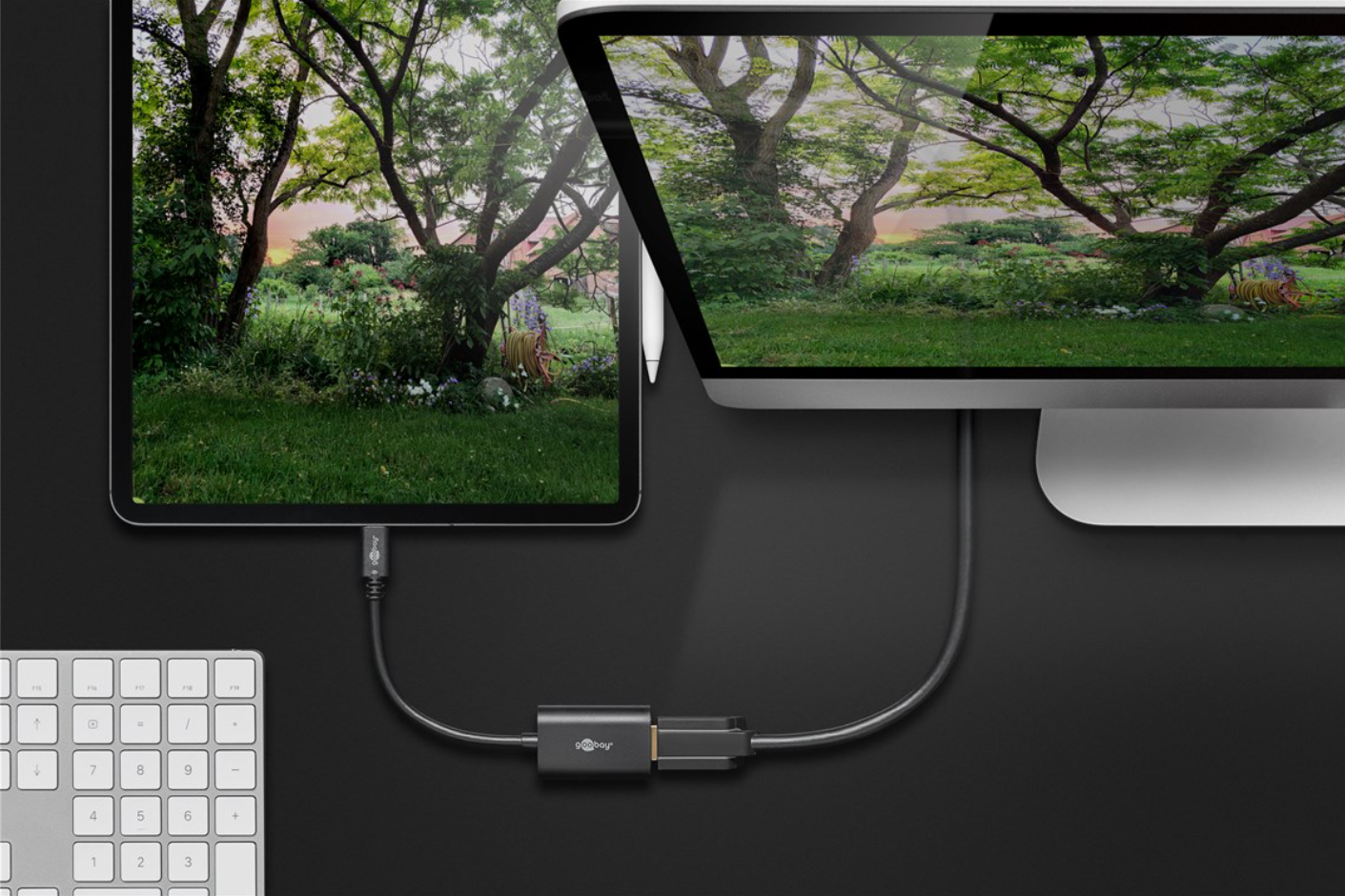 USB-C til HDMI adapter 0,2 m forbinder iPad og desktop-skærm, samme billede vises, hvidt tastatur synligt.