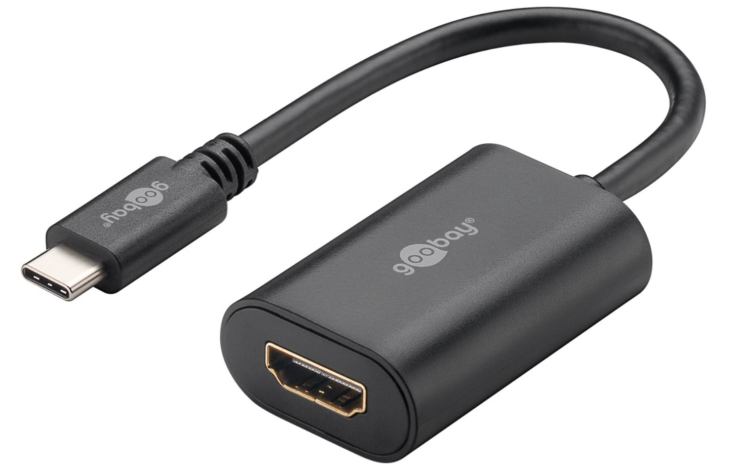 Goobay USB-C til HDMI-adapter 0,2 m sort med USB-C han og HDMI hun stik samt Goobay logo understøtter 4K HDMI.