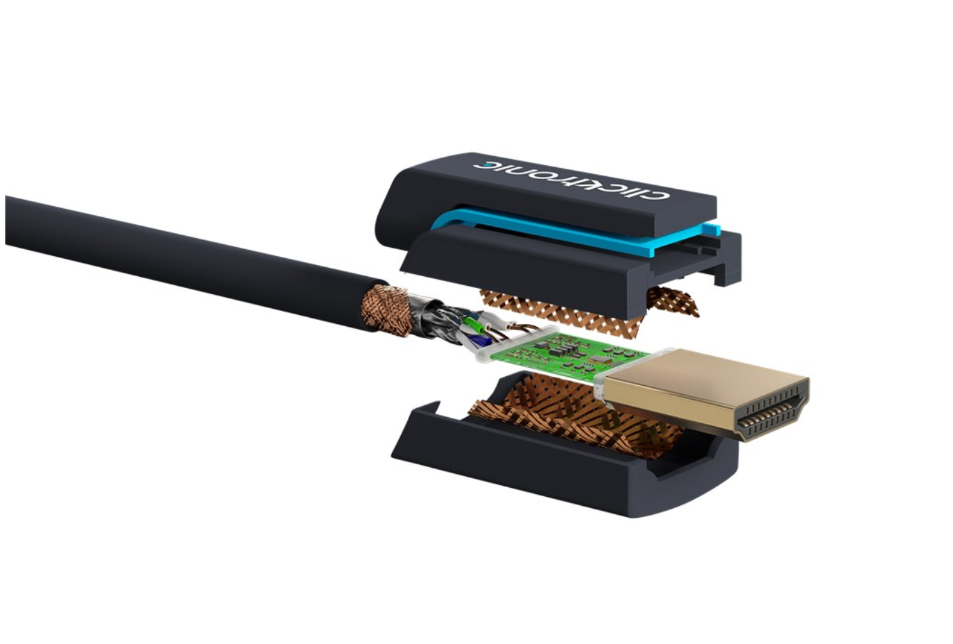 Clicktronic HDMI 8K/60Hz kabel 1 m, udvendigt og cutaway med synlige ledninger, afskærmning og grøn printplade i stikket.