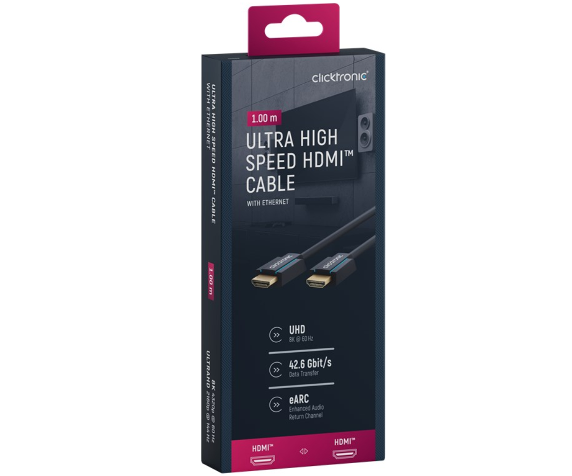 Clicktronic HDMI 8K/60Hz kabel 1 m i mørkeblå æske med UHD, 48 Gbit/s, Ethernet, eARC markeringer og synlig ledning.