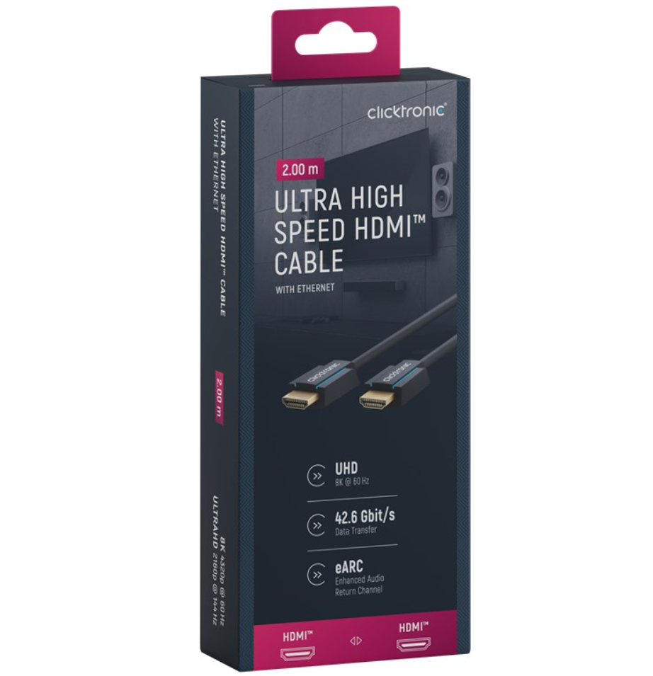 Clicktronic HDMI 8K/60Hz kabel 2m i mørk æske med magenta detaljer, UHD, 42,6 Gbit/s, eARC, 8K HDMI.
