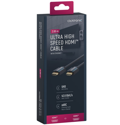 Clicktronic HDMI 8K/60Hz kabel 2m i mørk æske med magenta detaljer, UHD, 42,6 Gbit/s, eARC, 8K HDMI.