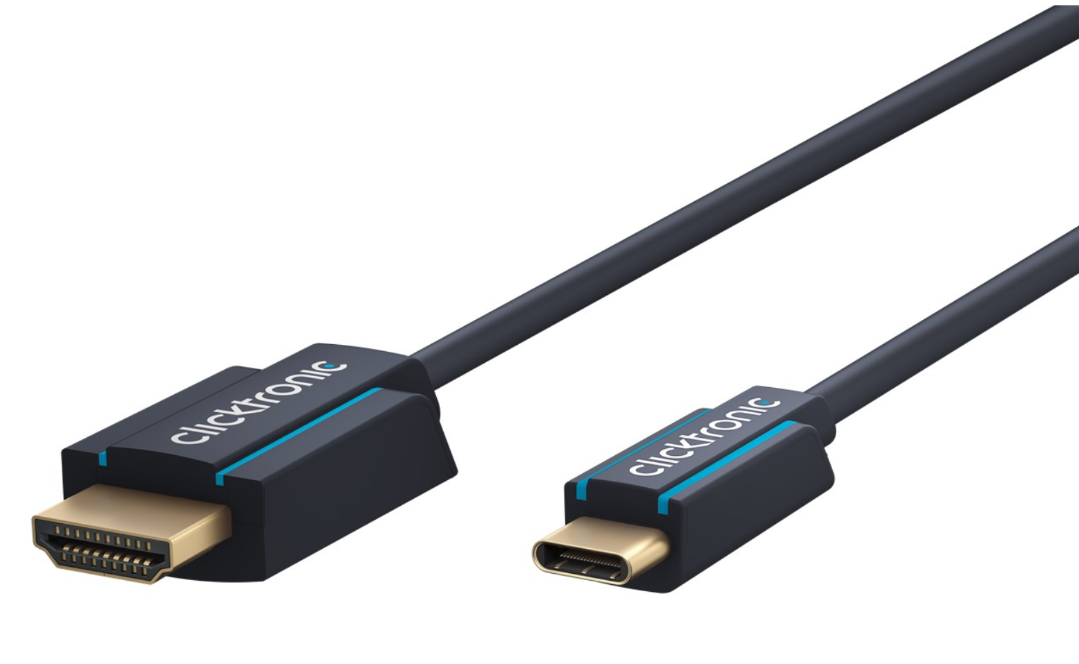 Clicktronic USB-C til HDMI kabel 2 m med guldbelagt stik, blå detaljer, understøtter 4K, USB-C og HDMI port.